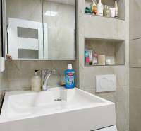 Kúpeľňový priestor garsónky s umývadlom, zrkadlom a vstavanými poličkami s kozmetikou.
Badezimmerbereich eines Einzimmerapartments mit Waschbecken, Spiegel und eingebauten Regalen mit Kosmetik.