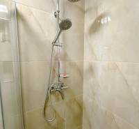 Duschkabine mit Keramikfliesen und Regendusche in einem Einzimmerapartment.