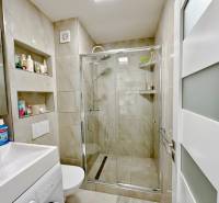 Kompaktes Badezimmer in einem Studio-Apartment mit Waschbecken, Duschkabine und Toilette.