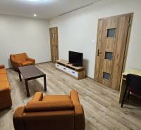 Wohnzimmer in einer Zweizimmerwohnung mit orangen Möbeln und einem Boden in Holzoptik.