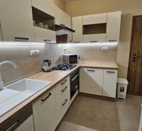 Die Küche in einer 2-Zimmer-Wohnung mit weißen Schränken und einem Boden in Holzoptik.