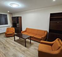 Wohnzimmer in einer Zweizimmerwohnung mit orangefarbenen Sofas und einem Boden in Holzoptik.