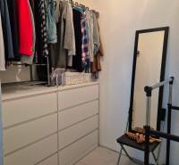 Garderobe in einer 3-Zimmer-Wohnung mit Kleiderbügeln und Kommode, Boden mit Holzdekor.