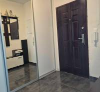 Eingangsbereich in einer 3-Zimmer-Wohnung mit dunklem Boden und Einbauschrank.