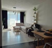 Innenraum einer 3-Zimmer-Wohnung mit Sofa, Esstisch und Holzboden.