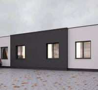 Ein Einfamilienhaus in Trnava mit weißer und dunkler Fassade, Pflastersteinen und einem geparkten Auto.