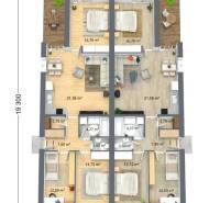 Grundriss des Erdgeschosses eines Einfamilienhauses mit zwei Schlafzimmern und einem Wohnbereich auf einem Boden mit Holzdekor.