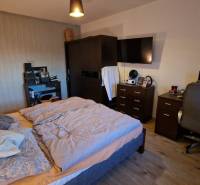 Schlafzimmer in einer 3-Zimmer-Wohnung mit einem komfortablen Bett, einem Schreibtisch und einem Boden mit Holzdekor.