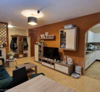 Wohnzimmer in einer 3-Zimmer-Wohnung mit Holzboden und offener Küche.