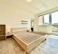 Helles Zimmer mit Holzboden, Bett und Möbeln, 2-Zimmer-Wohnung in der Východná-Straße.