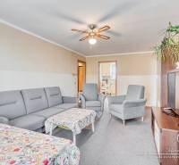 Wohnzimmer in einer Vierzimmerwohnung mit grauem Sofa, Couchtisch und Deckenventilator.