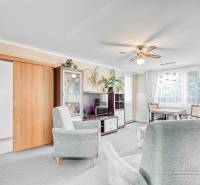 Helles Wohnzimmer mit Sofas in einer 4-Zimmer-Wohnung und Boden mit Holzdekor.