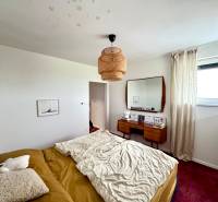 Ein Schlafzimmer in einem Einfamilienhaus mit einem Bett, einem Spiegel und einem roten Teppich auf dem Boden.