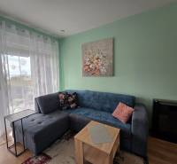 Wohnzimmer einer Ferienwohnung mit Sofa, Tisch, Dekorationen und Fenster mit Aussicht.