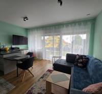 Wohnzimmer in einem Ferienapartment mit Holzboden, Sofa und Fernseher.