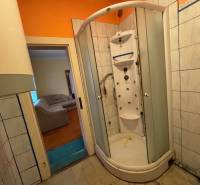 Badezimmer mit Hydromassage-Dusche in einem Einfamilienhaus, mit Blick auf das Wohnzimmer mit Sofa.