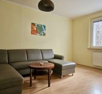 Wohnzimmer in einer 3-Zimmer-Wohnung mit grauem Sofa und Holzboden.
