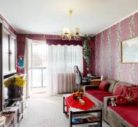 Wohnzimmer mit gemusterten Tapeten und Sofa in einer 4-Zimmer-Wohnung.