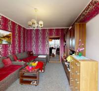 Wohnzimmer mit gemusterten Tapeten und Sofa in einer 4-Zimmer-Wohnung.