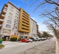 Wohnhaus in der Antolská-Straße in Bratislava - Petržalka, umgeben von Bäumen und geparkten Autos.