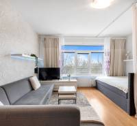 Wohnzimmer mit Sofa, Vorhang und Fernseher, Boden mit Holzdekor.