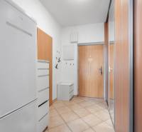 Eingangsbereich einer Einzimmerwohnung mit Fliesen, Garderobe und Kleiderschrank.