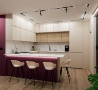 Küche in einer 3-Zimmer-Wohnung mit Insel, Marmorplatte und Boden mit Holzdekor.