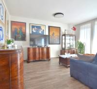 Wohnzimmer mit dunklen Möbeln, Holzboden und dekorativen Bildern in einer 3-Zimmer-Wohnung.