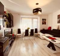 Wohnzimmer mit schwarzen Schränken, Aquarium und Holzboden in einer 3-Zimmer-Wohnung.