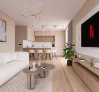 Innenarchitektur eines Wohnzimmers in einem offenen Raum mit Küche, Boden mit Holzdekor.