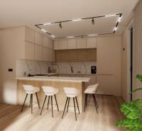 Küche in einer 3-Zimmer-Wohnung mit Bartresen und Bodenbelag in Holzoptik.