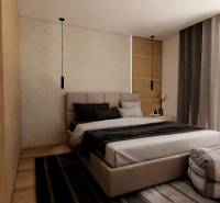 Schlafzimmer in einer 3-Zimmer-Wohnung, Bett, Vorhänge, Boden mit Holzdekor, Blick durch das Fenster.