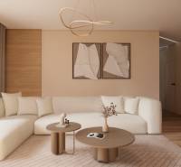 Helles Wohnzimmer mit Sofa, Tischen und Holzboden in einem Wohnungsbauprojekt.