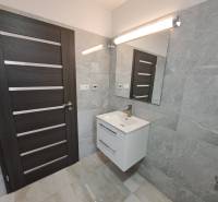 Badezimmer im Einfamilienhaus mit Waschbecken, Spiegel und dunkler Tür.