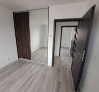 Innenraum eines Einfamilienhauses mit Holzboden, Einbauschrank und dunklen Türen.