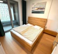 Schlafzimmer in einer 2-Zimmer-Wohnung mit Bett, Balkon und Boden in Holzoptik.