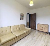 Wohnzimmer in einer 3-Zimmer-Wohnung mit Sofa, Kommode und Boden in Holzoptik.