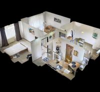 3-Zimmer-Wohnung mit Holzboden-Dekor und Möbeln in hellen Tönen.