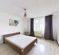 Helles Schlafzimmer mit Bett in einer 3-Zimmer-Wohnung hat einen Boden mit Holzdekor.