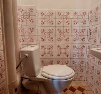 Toilette mit Fliesen und dekorativen Kacheln in einem Einfamilienhaus.