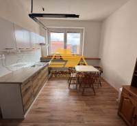 Küche in einer Einzimmerwohnung mit Tisch, Stühlen und Boden in Holzoptik.