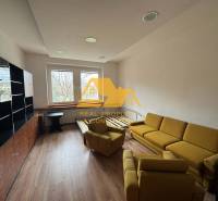 Wohnzimmer in einer Einzimmerwohnung mit Holzboden, gelbem Sofa und großem Fenster.