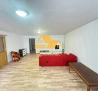 Wohnzimmer in einer Zweizimmerwohnung mit Holzboden und rotem Sofa.