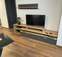 Wohnzimmer in der Novomestská-Straße, 2-Zimmer-Wohnung, Fernseher auf einem Holzschrank, modernes Design.