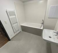 Badezimmer einer 2-Zimmer-Wohnung, Novomestská Straße: Badewanne, Heizkörper, Waschbecken, Eingang auf Holzboden.