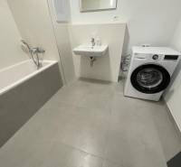 Badezimmer mit Badewanne, Waschmaschine und Waschbecken in einer 2-Zimmer-Wohnung in der Novomestská Straße.
