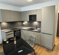 Küche mit grauen Schränken und Esstisch in der Novomestská-Straße in einer 2-Zimmer-Wohnung.