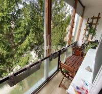 Ein Balkon in einer 4-Zimmer-Wohnung mit Holzmöbeln und Blick auf Nadelbäume.