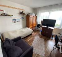 Wohnzimmer in einer 4-Zimmer-Wohnung mit Holzboden und Fernseher.