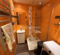 Badezimmer in einer 4-Zimmer-Wohnung mit Duschkabine und orangefarbenen Fliesen.